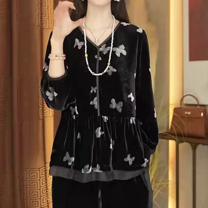 V领蝴蝶印花丝绒衬衫女2025秋冬款慵懒风胖mm大码长袖上衣