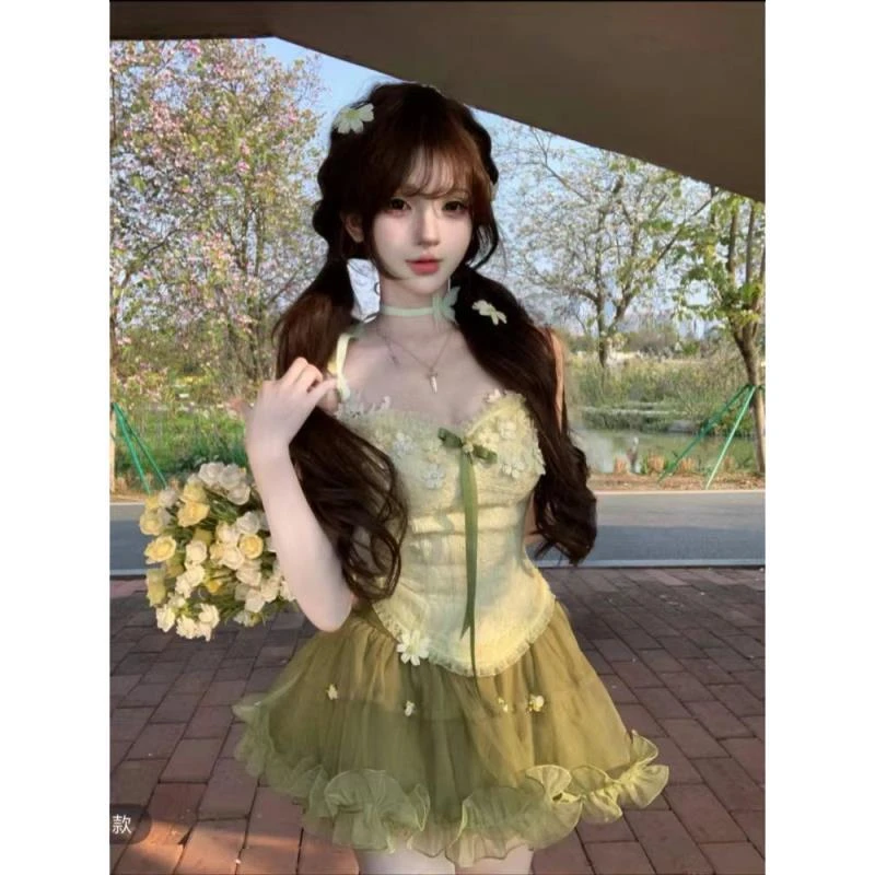 【三件套】甜美清新泡泡袖学院吊带裙时尚套装森女极简风显瘦清仓