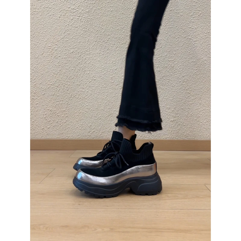 nnmiss/5cm英伦风运动厚底系带皮鞋拼色豹纹毛线筒深口单鞋