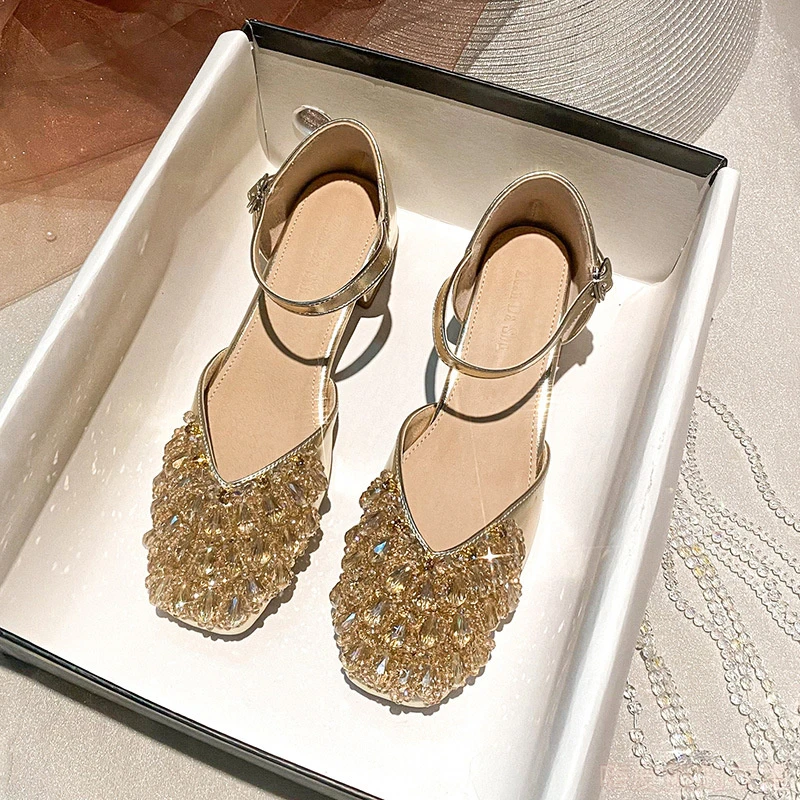夏季中跟单鞋粗跟中跟法式水钻中空凉鞋单鞋女2025年新款仙女风大