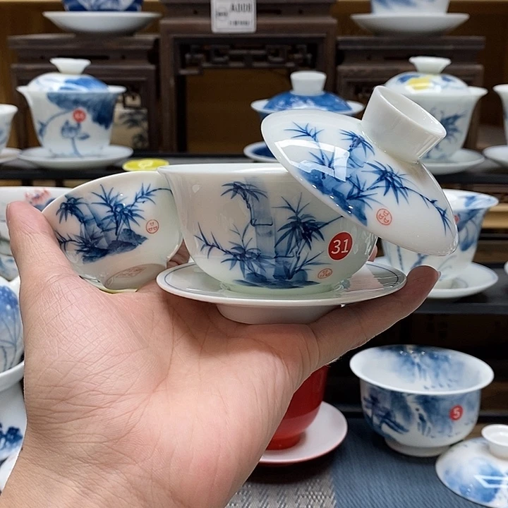 手绘竹子悬停盖碗150cc➕反口杯釉下彩微瑕福利款