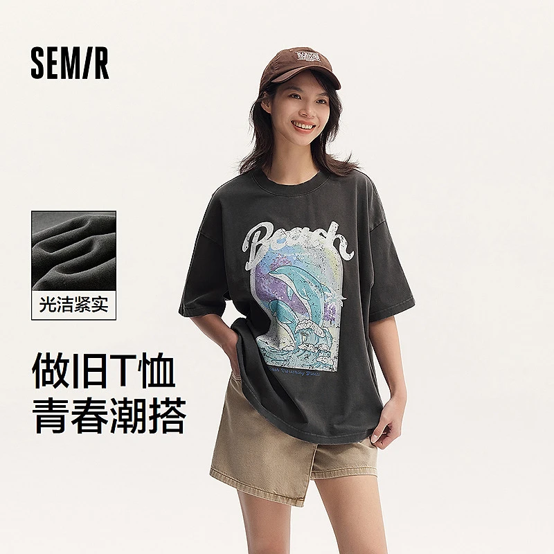 森马短袖T恤女中长款印花街头小众夏季oversize做旧衣服复古潮酷