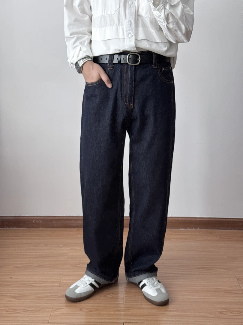 丹宁原色复古直筒牛仔裤水洗加绒宽松极简cleanfit美式高街阔腿裤
