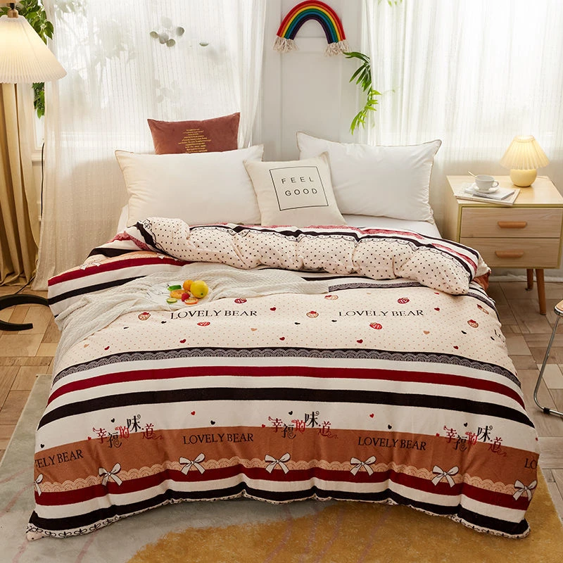 草莓晚安幸福羽毛玫瑰牛奶绒大被套法兰