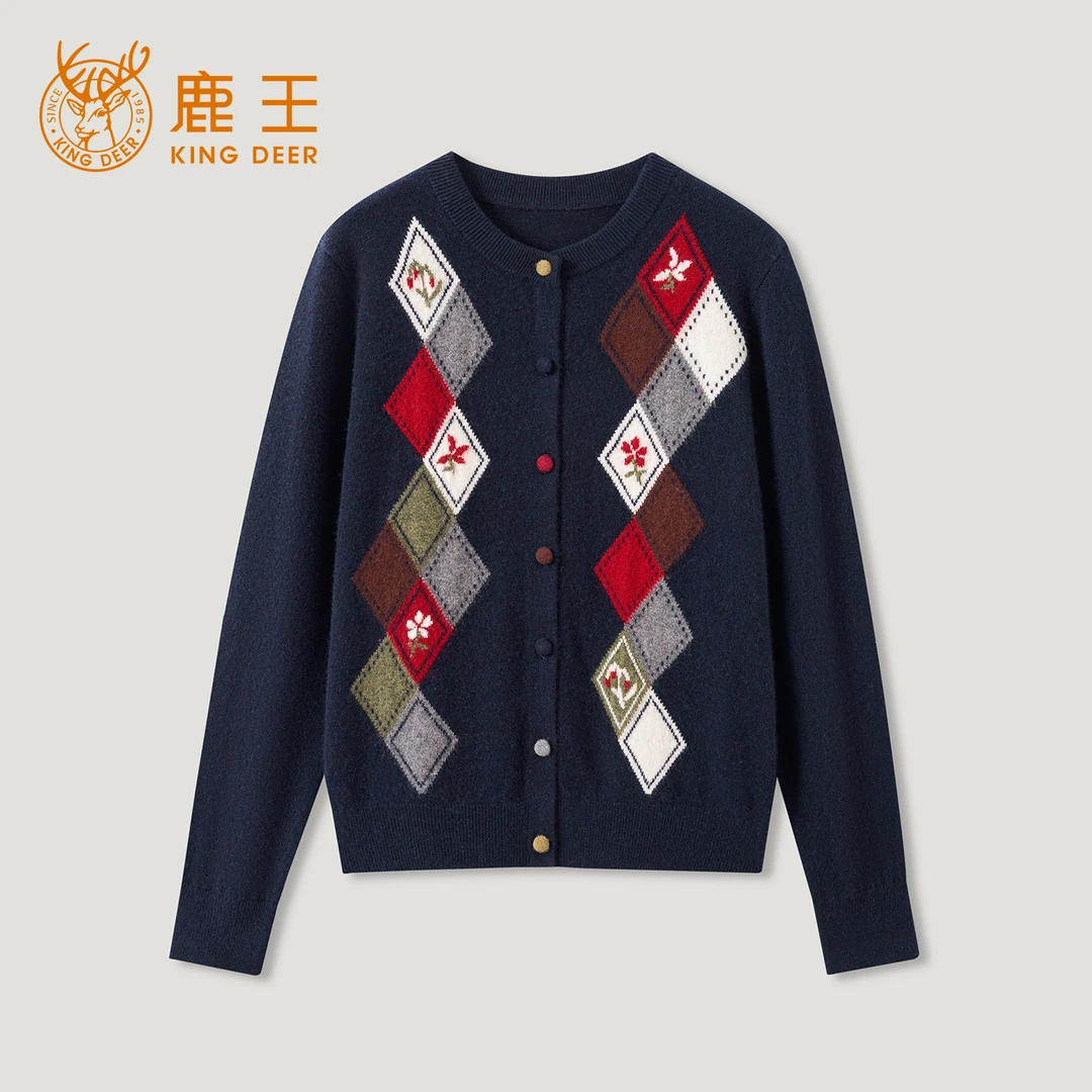 King Deer/鹿王菱格设计百搭休闲宽松圆领开衫L805803