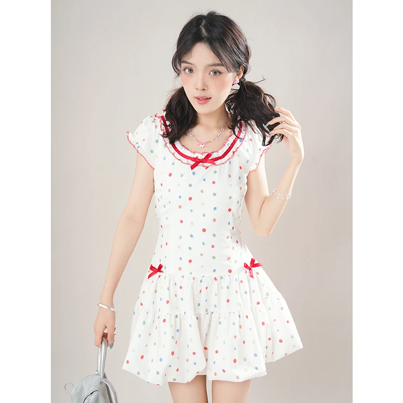 甜美可爱小个子蝴蝶结波点印花小飞袖连衣裙夏季新款宽松显瘦裙子