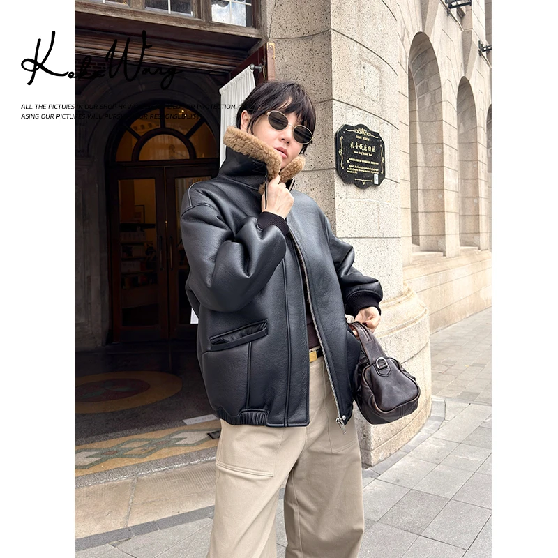 KOKO WANG【率性】秋冬高级复古羊毛拼接蛋白皮夹克外套X7575I25W44
