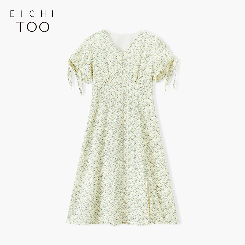 A爱居兔夏季浅绿色时尚碎花V领短袖连衣裙EQLBJ2N097A
