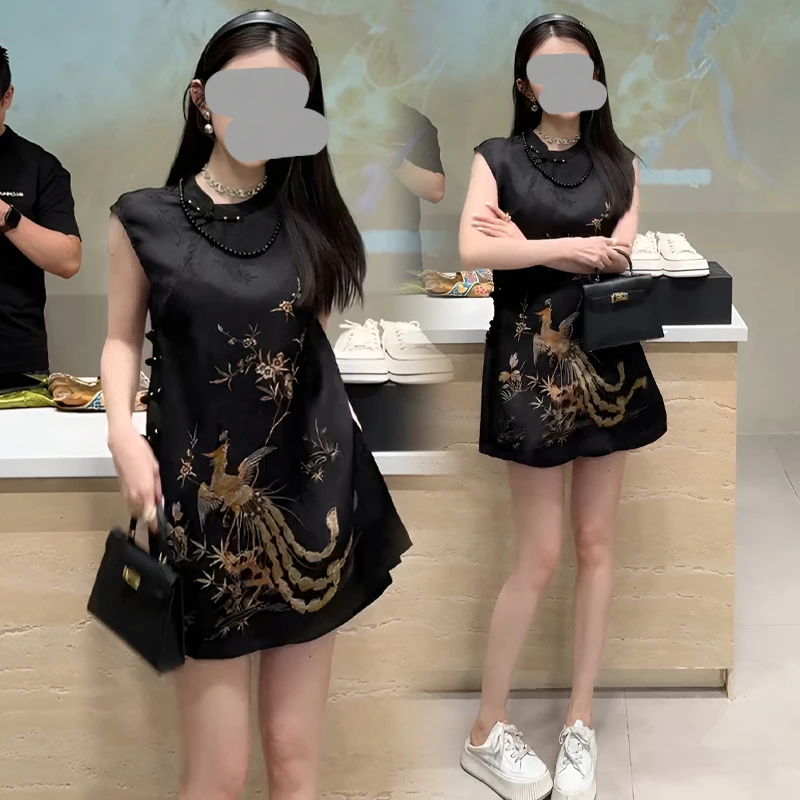 夏季新款百搭显瘦宽松印花盘扣新中式中长款无袖衬衣纯色短裤套装