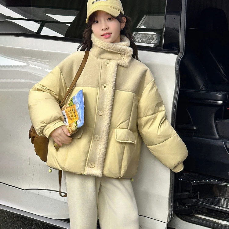 女童冬装立领拼接时尚棉服2025新款中大童棉衣