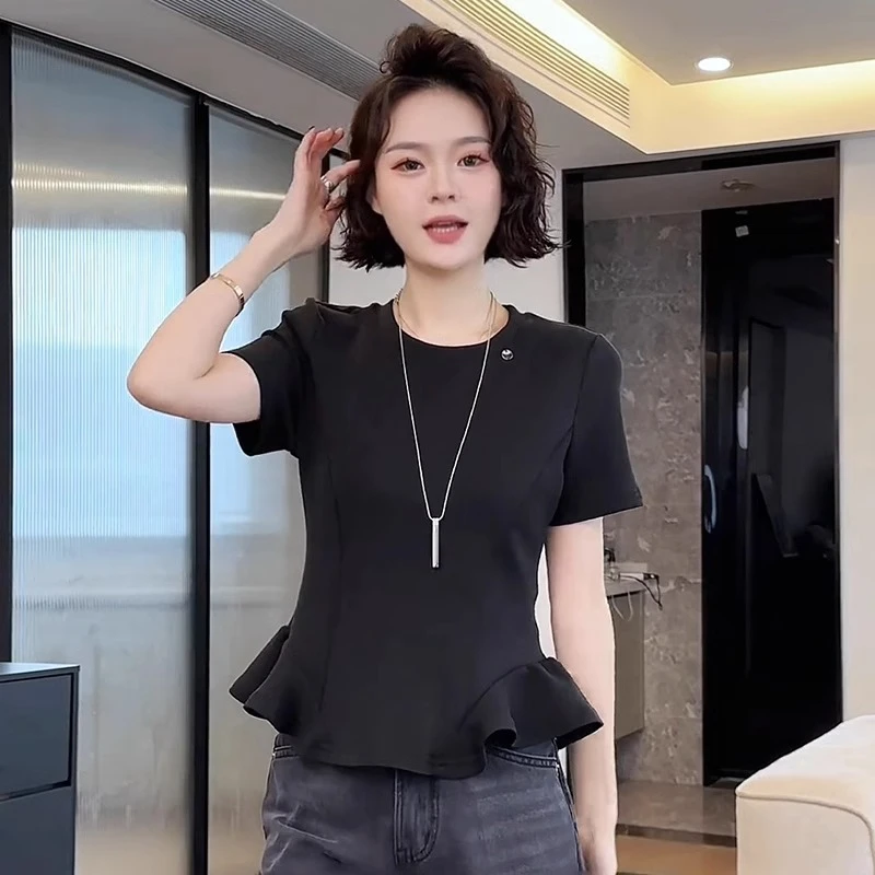 韩版圆领短袖T恤女2025夏季新款百搭减龄小个子下摆荷叶边上衣女