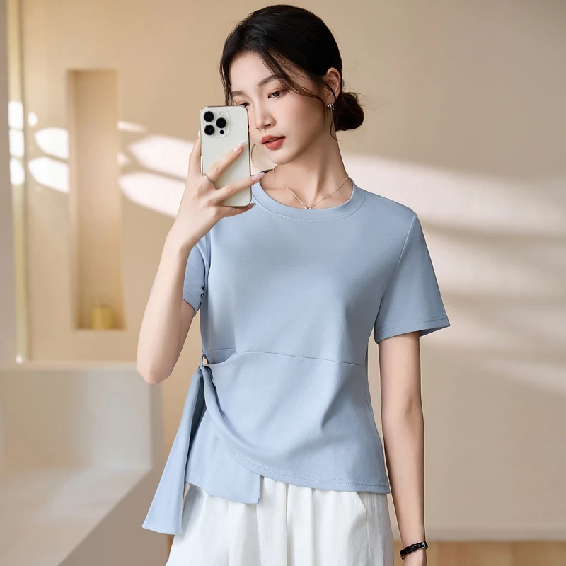 夏季圆领短袖T恤女飘带不规则半袖纯色宽松显瘦百搭设计感上衣