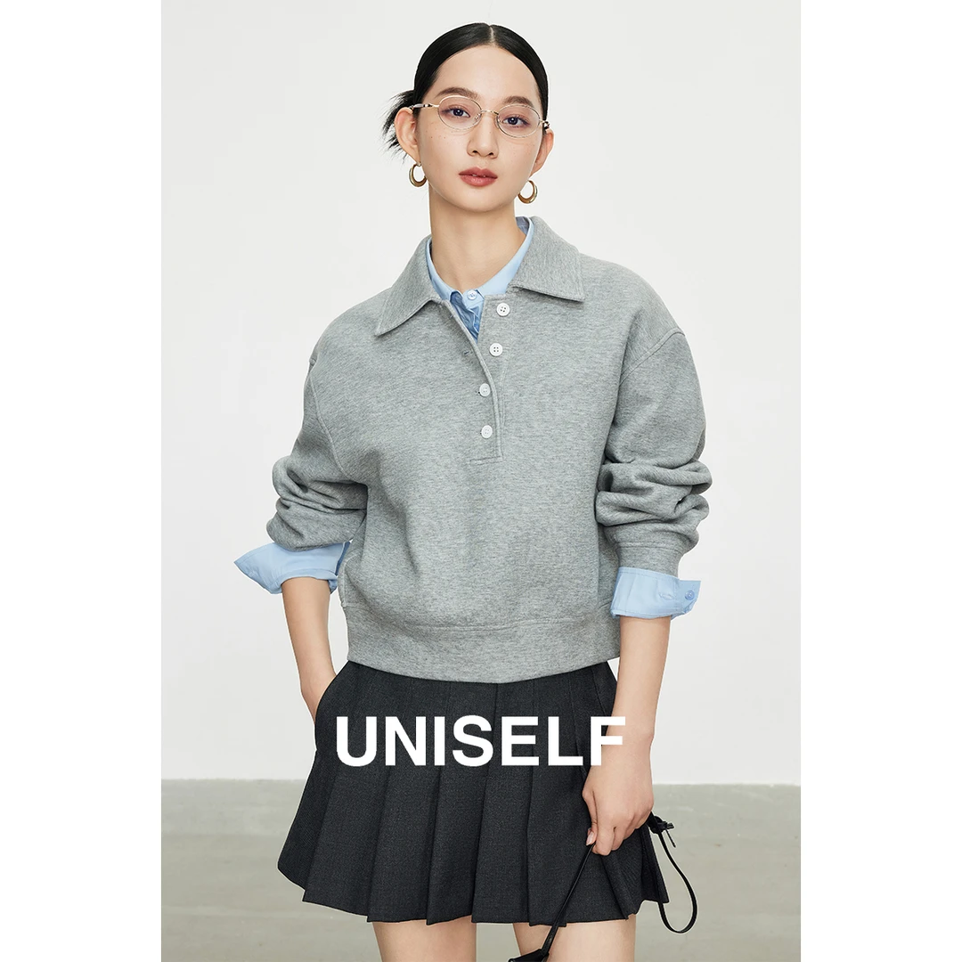UNISELF空气层时尚polo领卫衣女短款新款宽松休闲百搭上衣101173