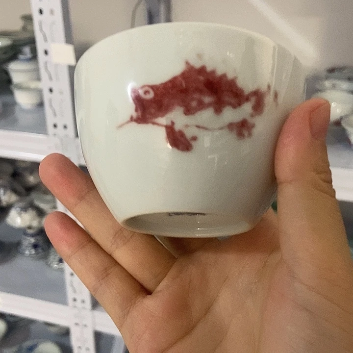 摆件缠枝莲原矿釉里红杯杯杯
