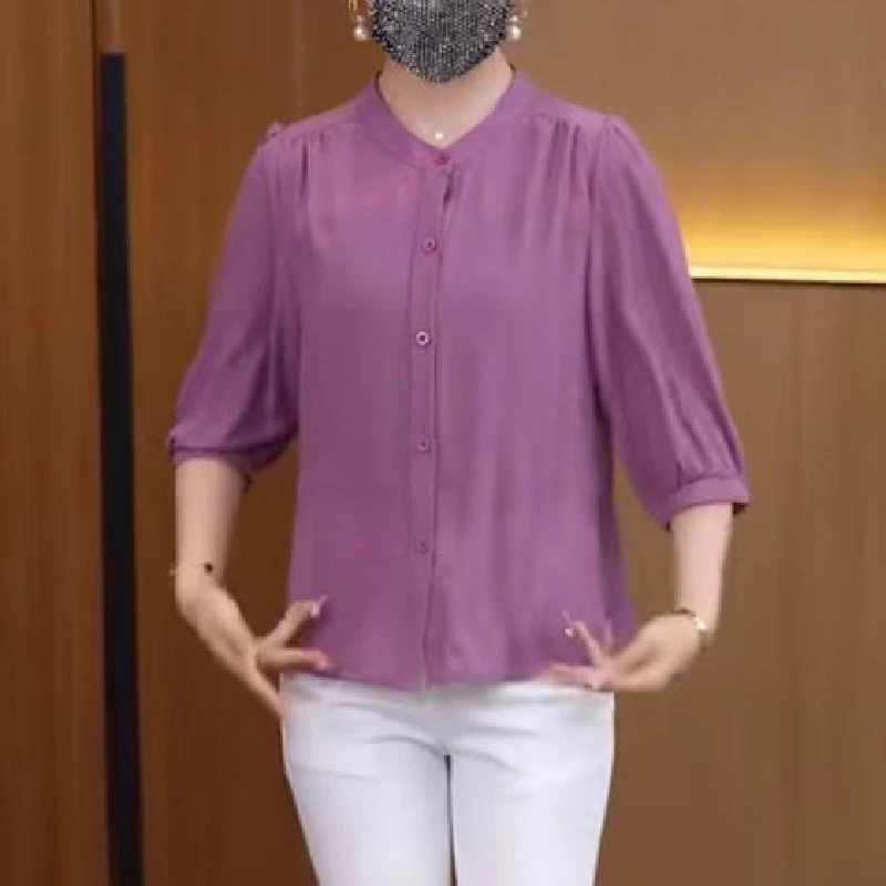 中袖冰丝衬衫女薄款雪纺衫上衣新款胖mm遮肉显瘦防晒开衫