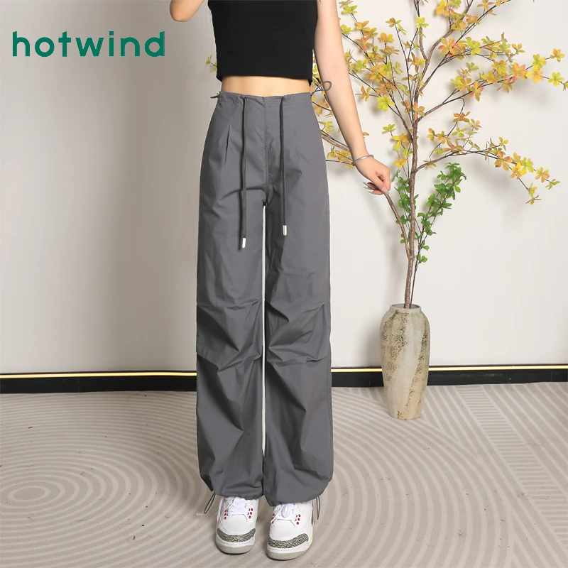 Hotwind/热风裤子女2025新款高腰阔腿裤小个子垂感显瘦直筒工装裤