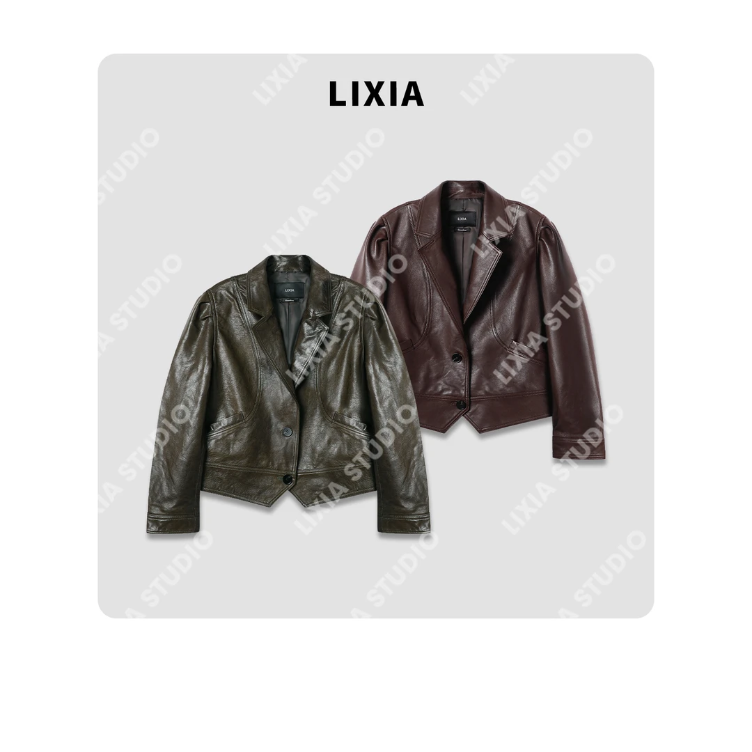 LIXIA【庄园风华】复古油蜡港风剪裁感反驳领小众设计皮衣-D7102
