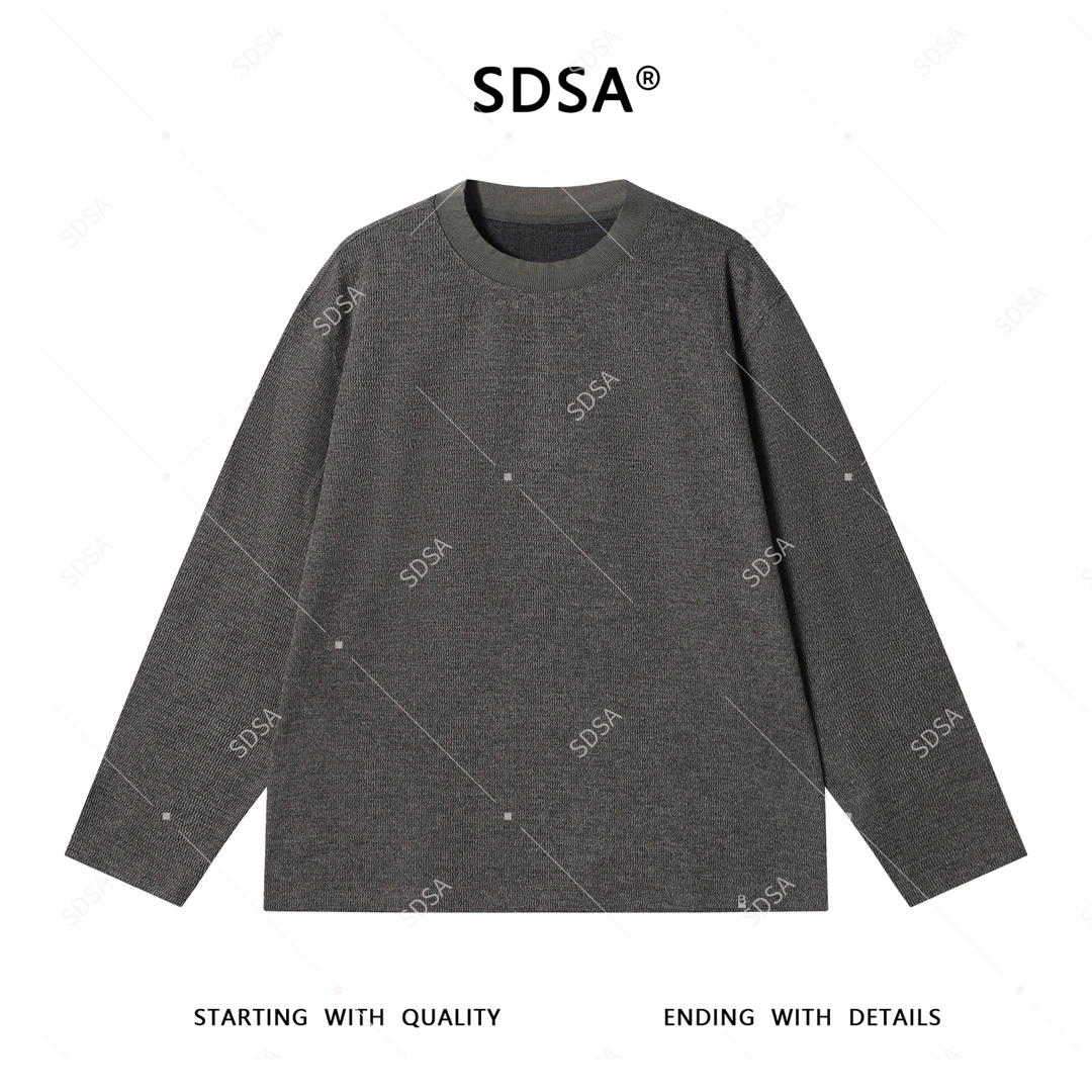 SDSA秋季新款男士痞帅韩版纯色肌理感圆领长袖T恤时尚百搭上衣潮