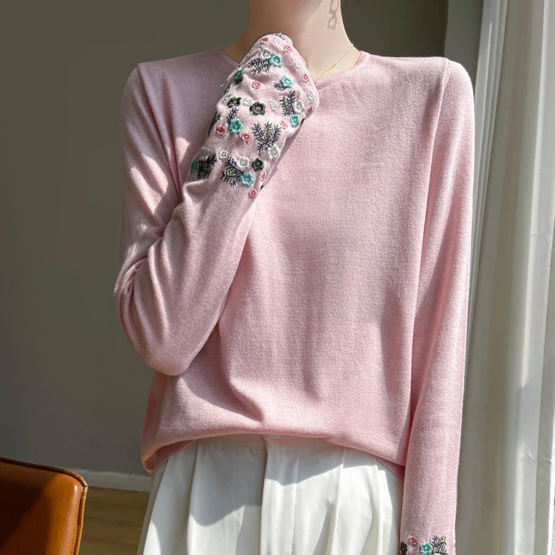 品牌撤柜正品高端秋季新款桑蚕丝针织衫圆领重工刺绣上衣宽松女