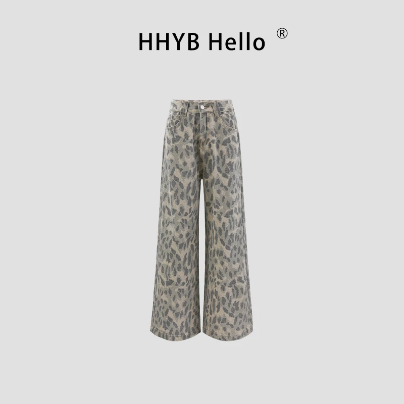 HHYB Hello美式复古豹纹阔腿百搭休闲裤子宽松直筒拖地裤Q254306