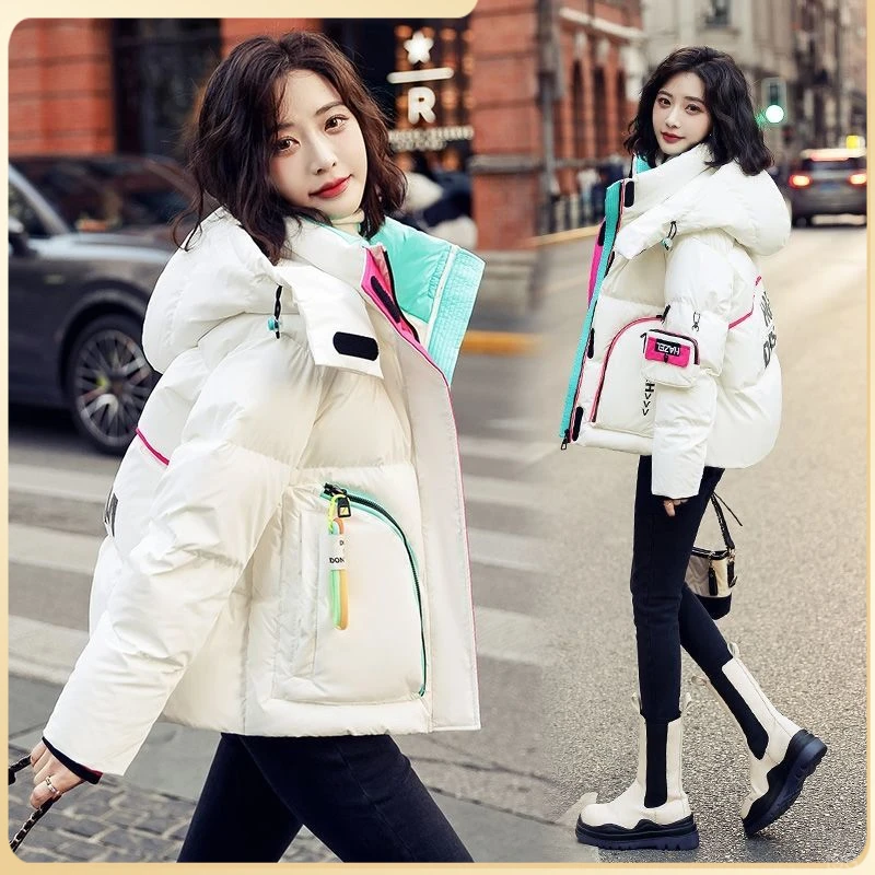 小个子白鸭绒羽绒服女爆款冬季短款连帽保暖亮面加厚面包服时尚