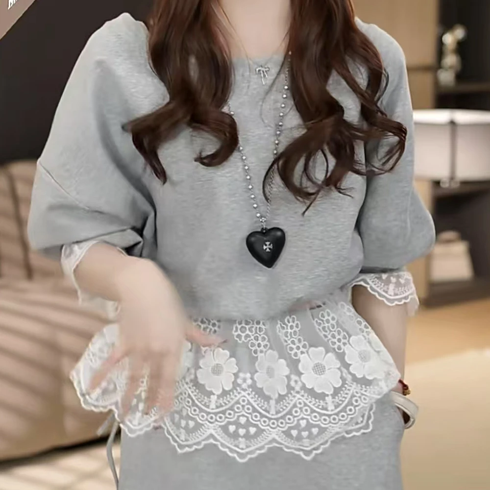 2025春季新款法式蕾丝边超好看时尚露肩休闲卫衣套装