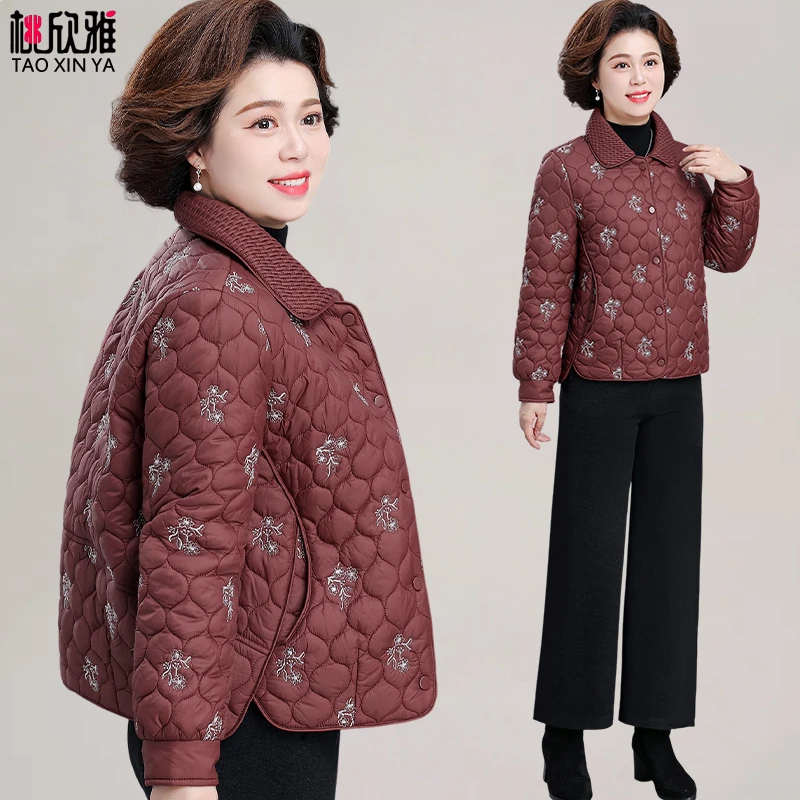 妈妈秋冬短款夹棉外套中老年女春秋轻薄棉衣贵夫人品牌绣花小棉袄