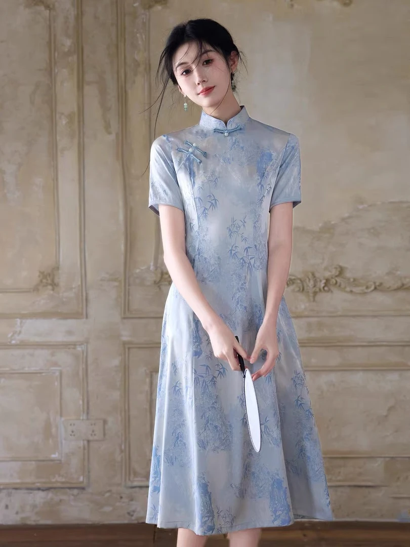 1007苏州旗袍城复古日常中长款气质旗袍