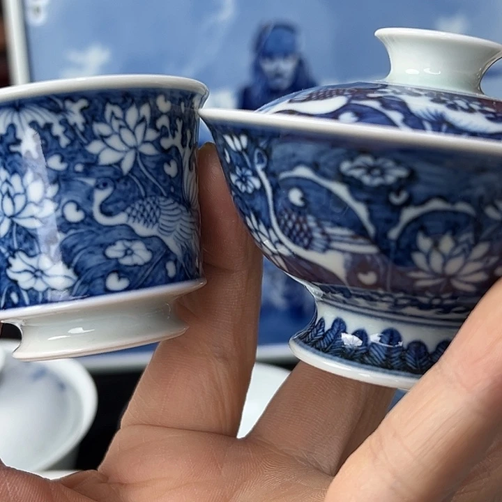 不***ⁱ青花纯手工盖碗和杯子