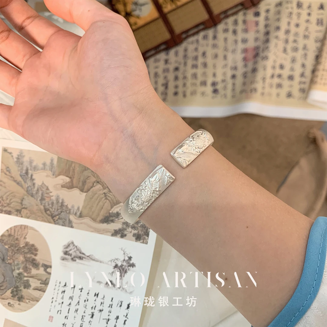足银手镯 琳珑银工坊[菊绽未央]新中式手镯 足银999 开口百搭