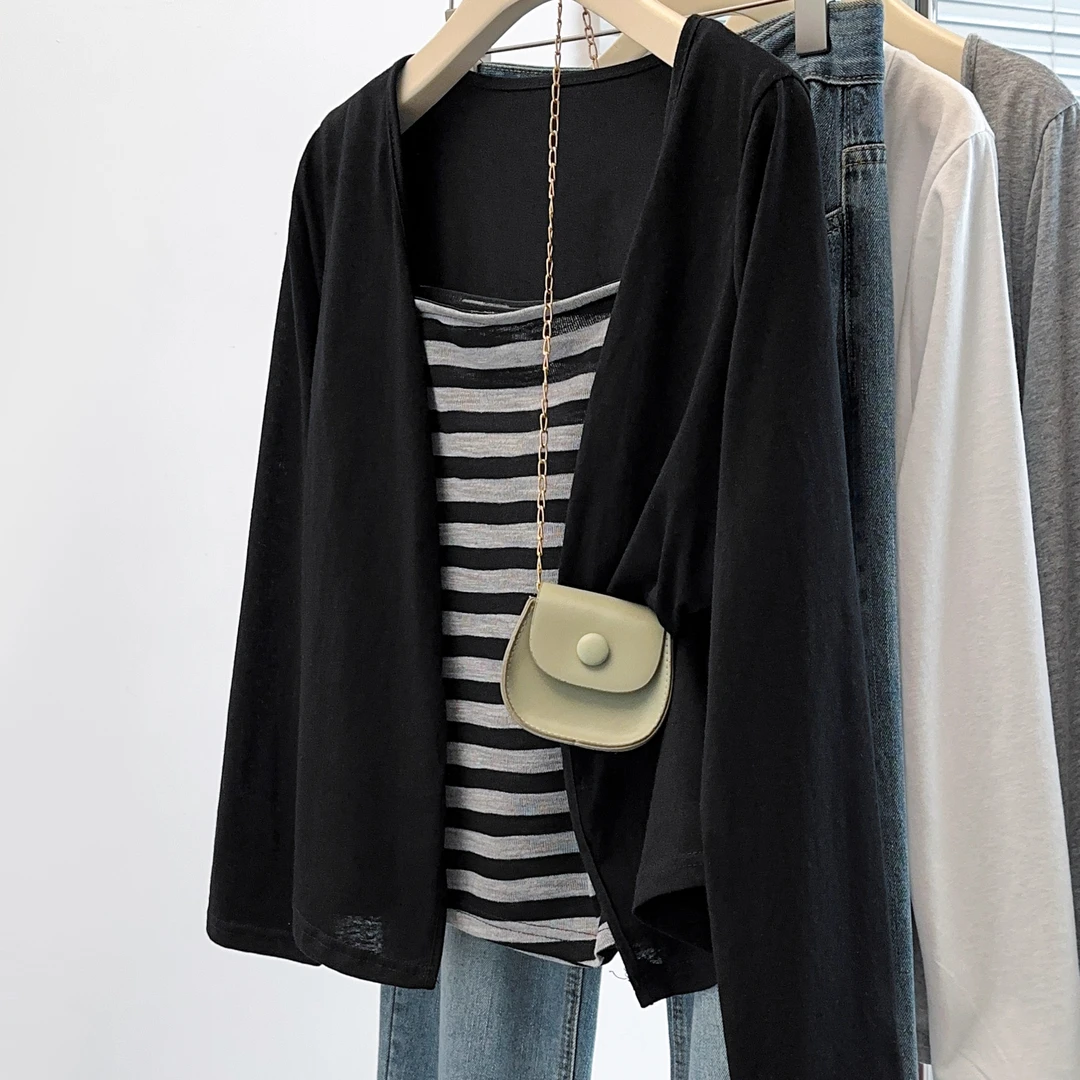 休闲条纹吊带背心女秋季大码胖mm显瘦百搭长袖针织开衫上衣两件套