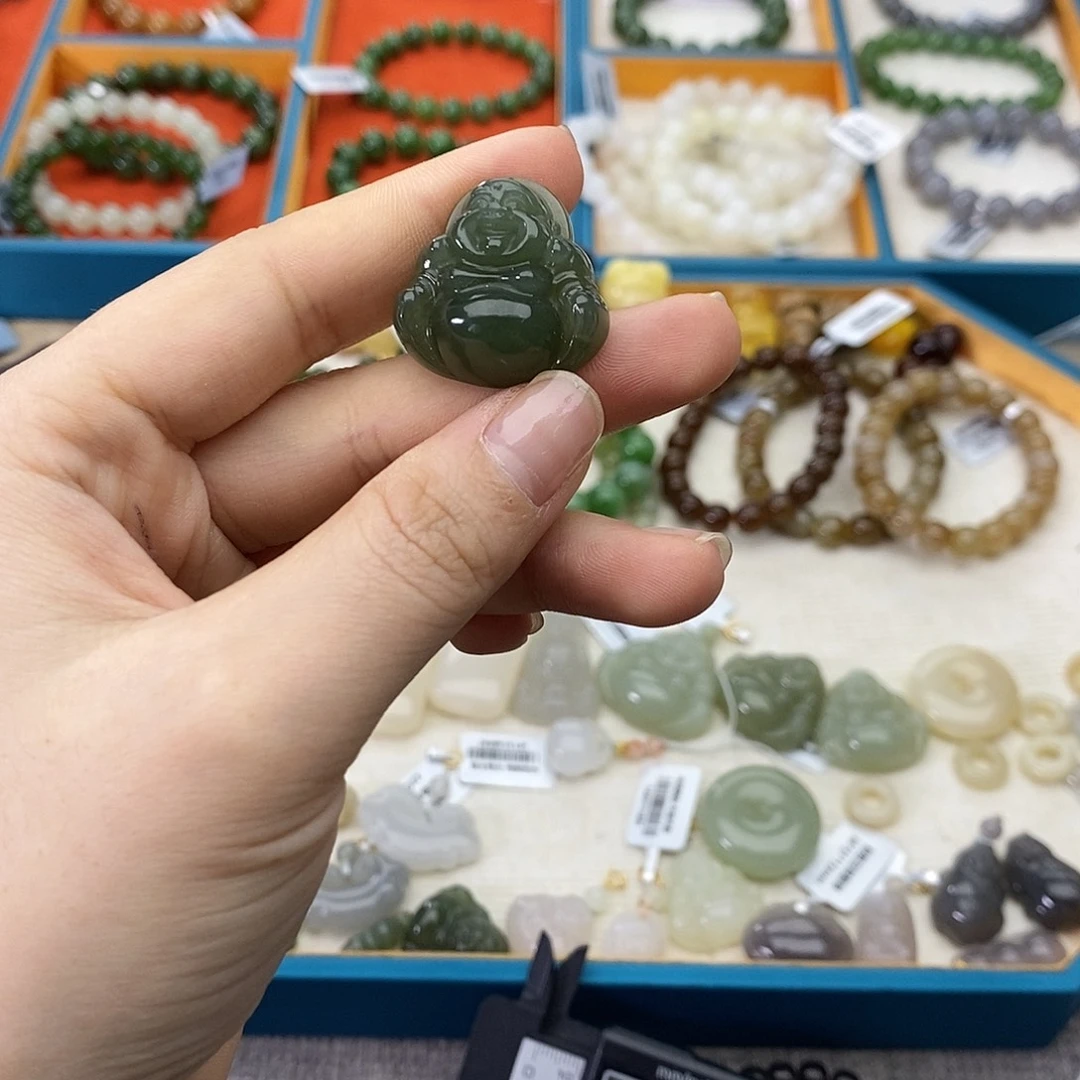 和田玉未镶嵌手链w35湖水绿佛公