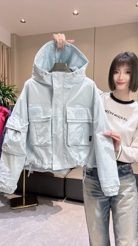 2025早春新款薄棉短款时尚休闲百搭连帽春款冲锋衣短外套1231