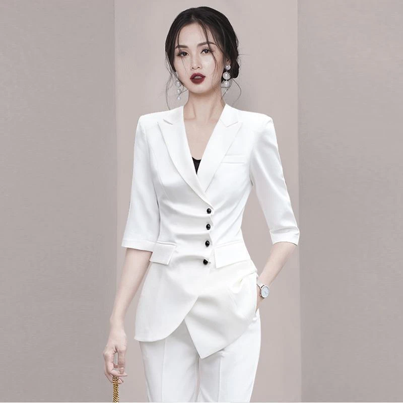 高端名媛职业白色西装套装2022春夏女气质中袖外套小脚裤子两件套