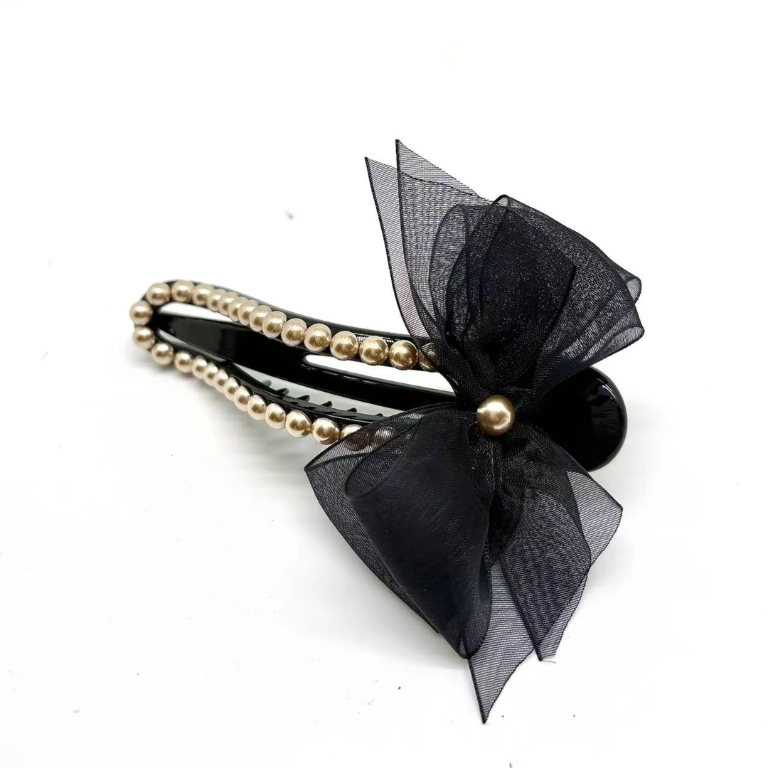 【朴朴韩国饰品】Y009简约百搭黑色蝴蝶结珠珠11cm懒人夹