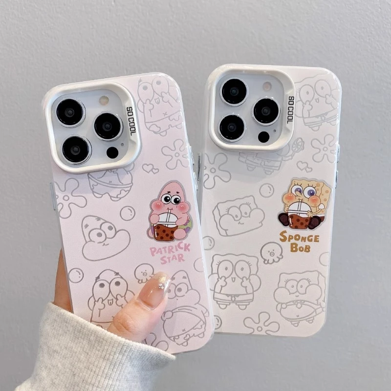 镂空奶茶海绵宝宝适用苹果16手机壳新款彩绘iPhone15promax磨砂14