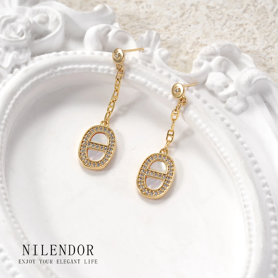 铜合金合成锆石耳饰 ES-459小众个性猪鼻子长款流苏时尚气质耳钉