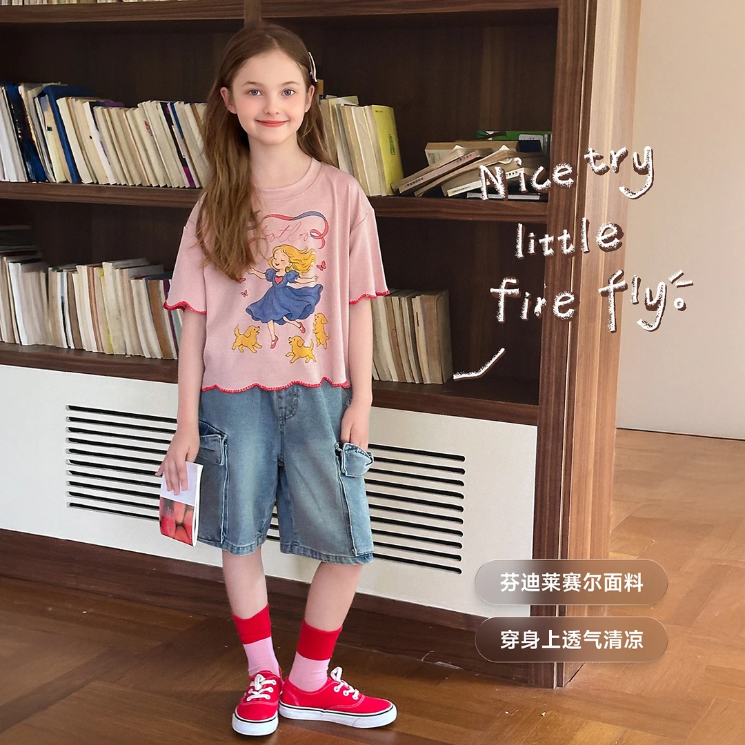 【华尔兹】蓝小爸童装女童卡通图案T恤夏季新款休闲花边短袖
