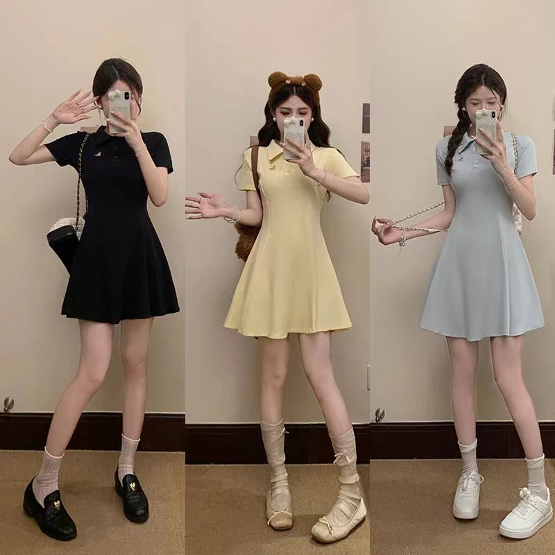 （80-200斤）夏新款大码胖妹妹休闲设计感polo领收腰显瘦连衣裙1857