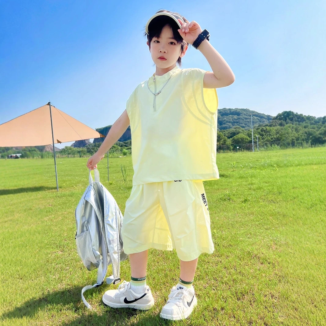 巴拉男童2025新款夏季大童时髦薄款无袖短袖运动套装潮流男孩套装