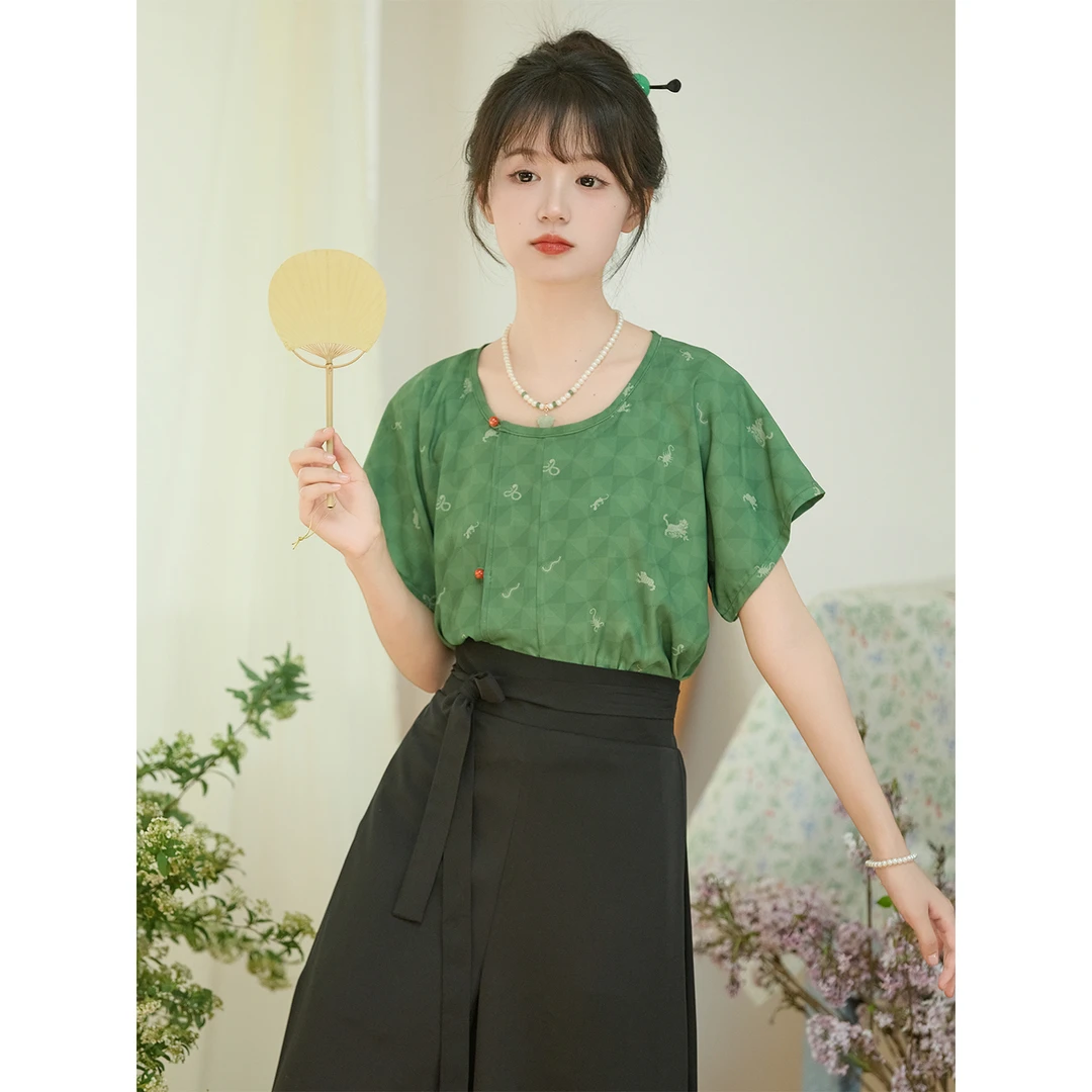 秋木木汉服【仲夏艾虎】五毒水田纹双面印花圆领短袖改良宋裤夏