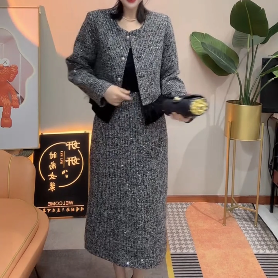 秋季新款法式小香风轻熟风圆领开衫半裙套装