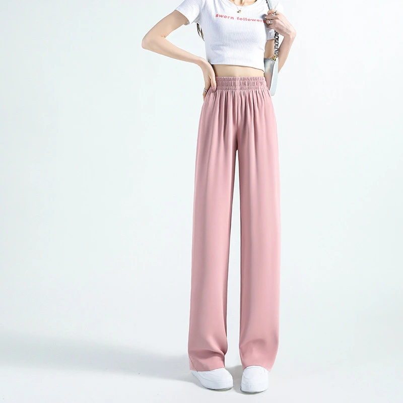冰丝阔腿裤女夏季薄款2025新款垂感窄版直筒裤小个子防晒粉色裤子