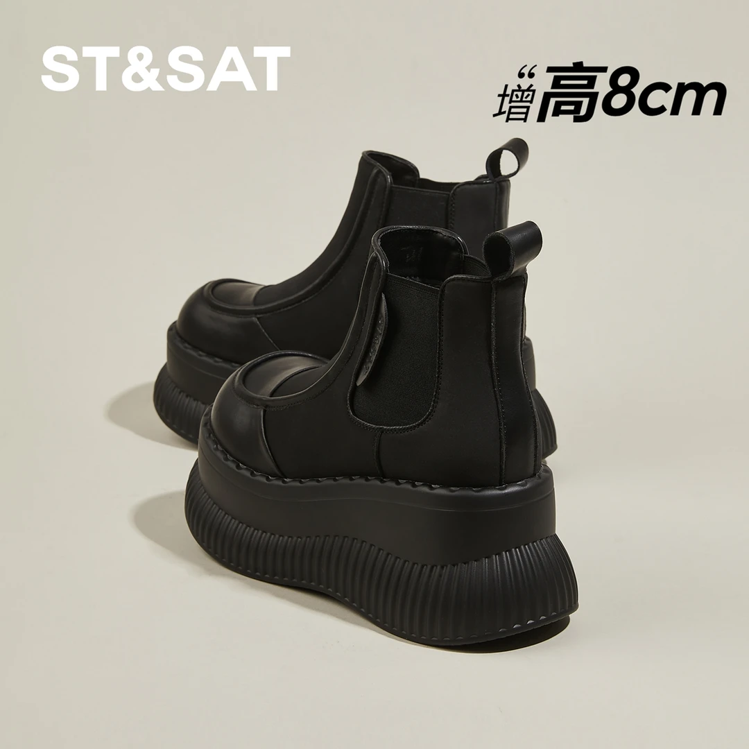 星期六小个子厚底增高8cm真皮马丁靴女2024冬季加绒短靴子烟筒靴