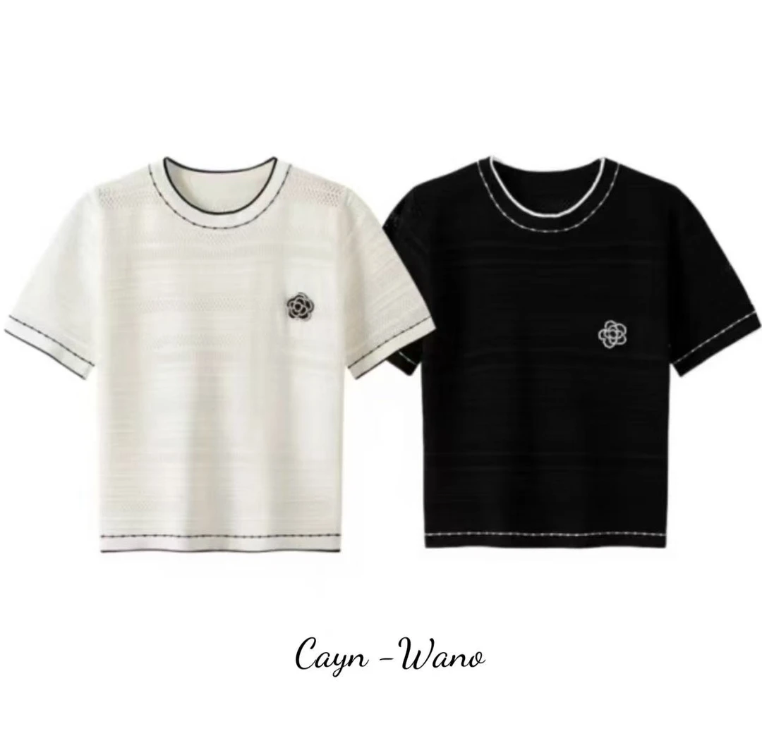 圆领拼色T恤女夏季山茶花白色短袖2025夏季新款