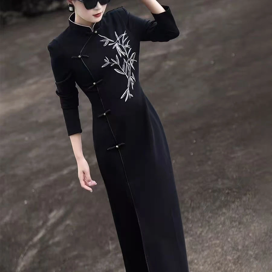 5561#秋款气质优雅新中式修身显瘦黑色连衣裙