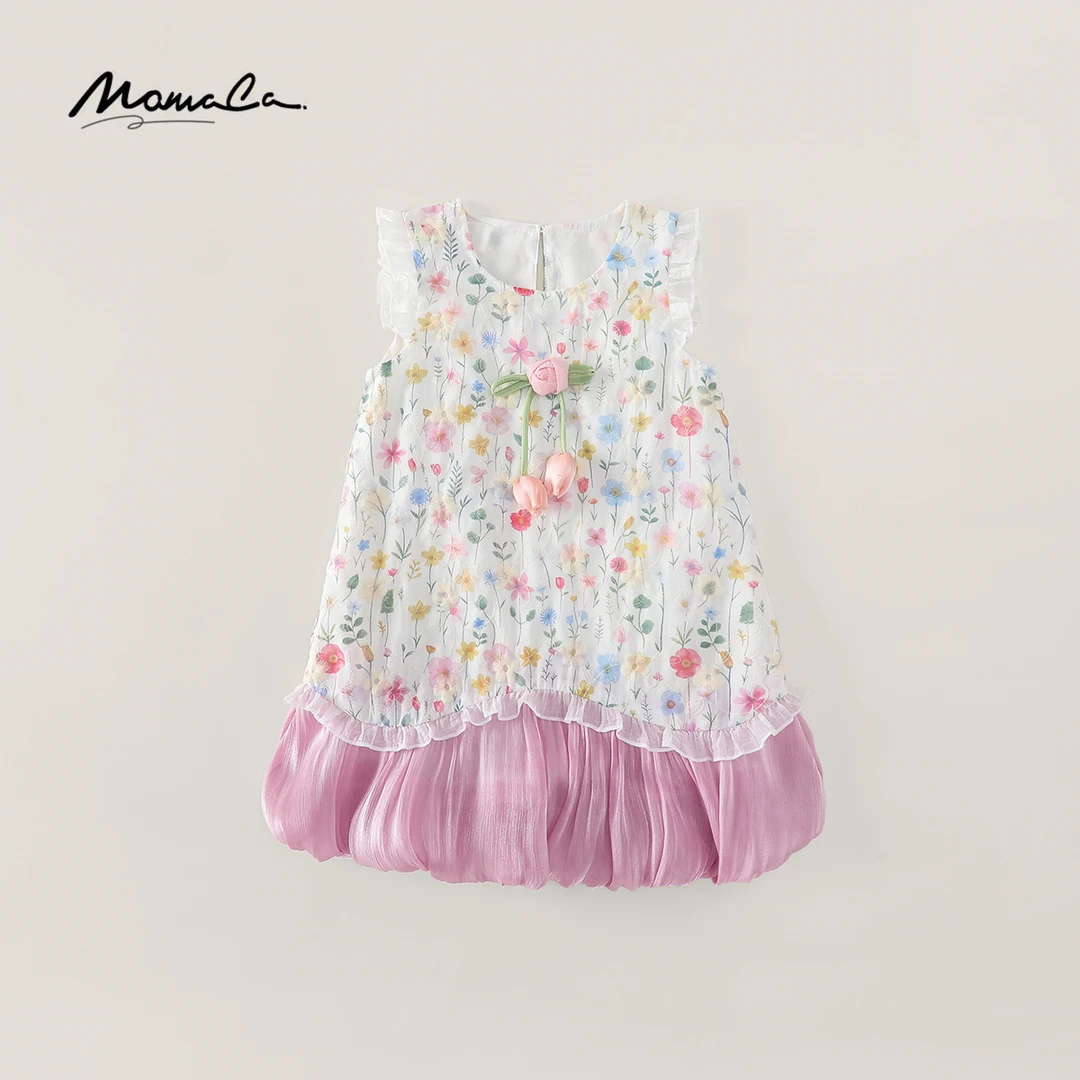 MOMOCO夏季2025新款女童花色满印下摆花边可爱连衣裙77630470156