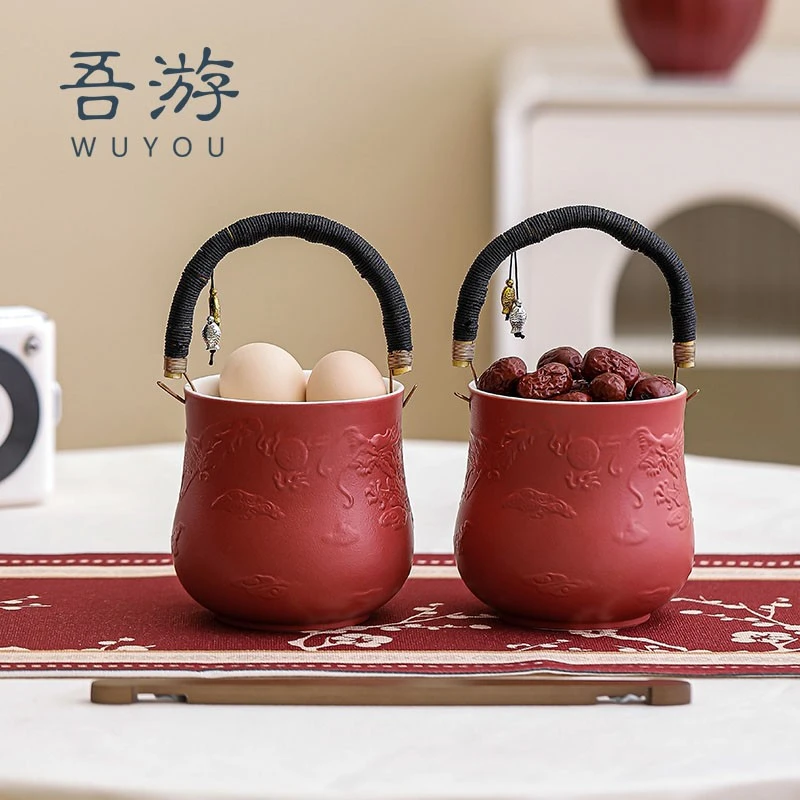 吾游结婚子孙桶一对中式复古龙凤浮雕小喜桶订婚红色陶瓷子孙宝桶