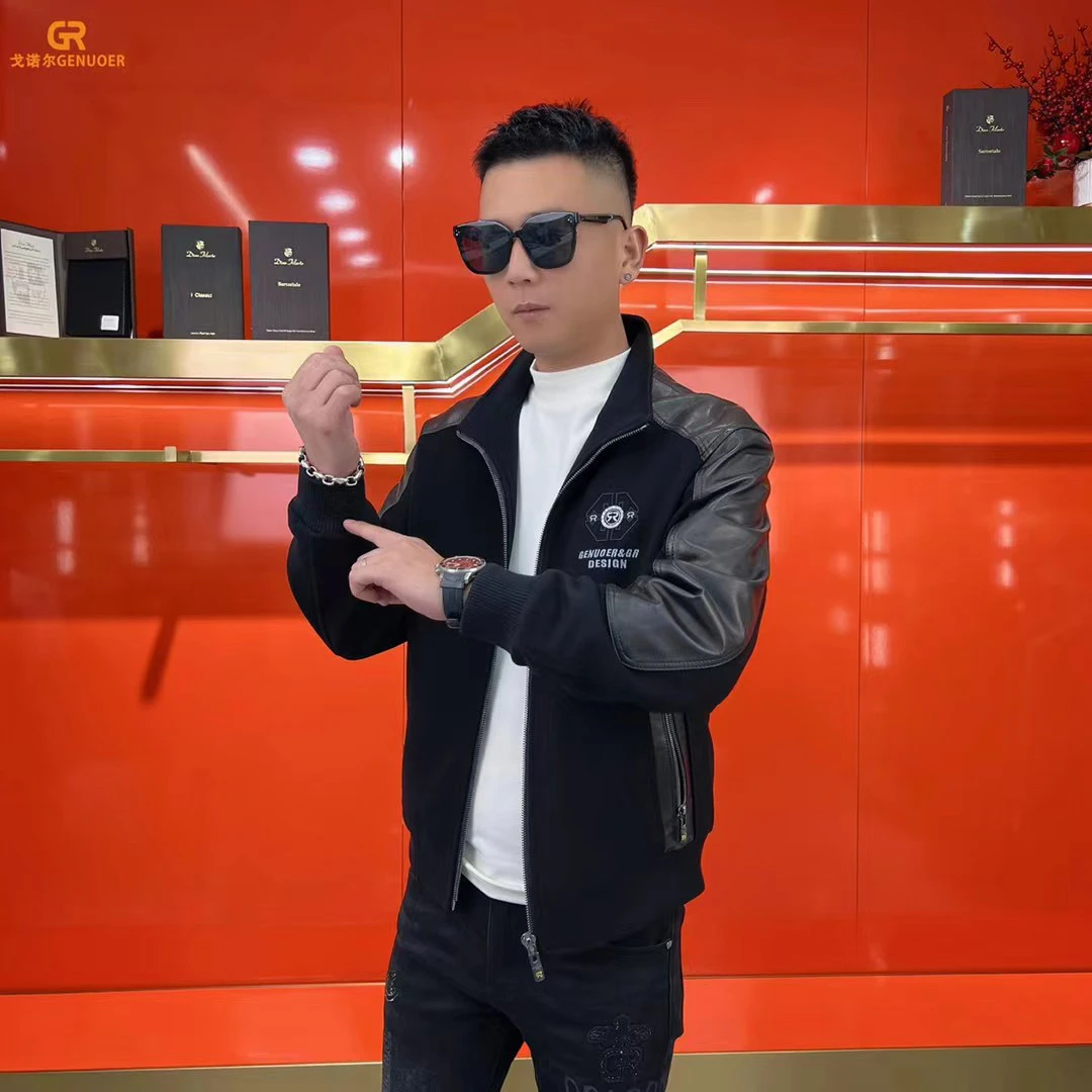 戈诺尔高品质男装秋冬拼接皮衣夹克男士拼接刺绣压花