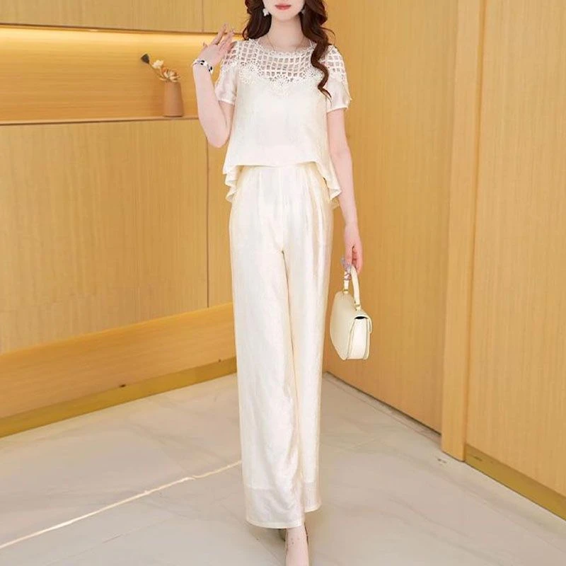 2025夏季新款减龄百搭时尚拼接设计套装日常上衣宽松阔腿裤两件套